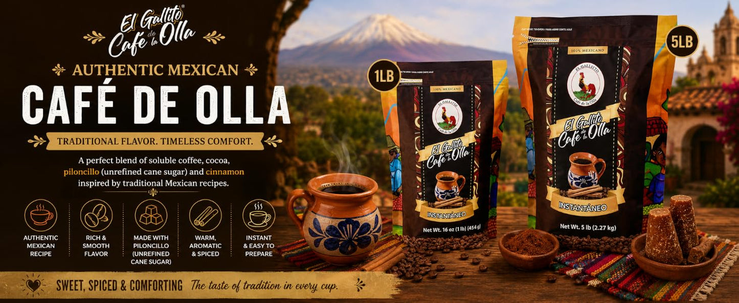 Café El Gallito Café de Olla Instantáneo con Canela y Chocolate 16 oz | Authentic Mexican Instant Coffee
