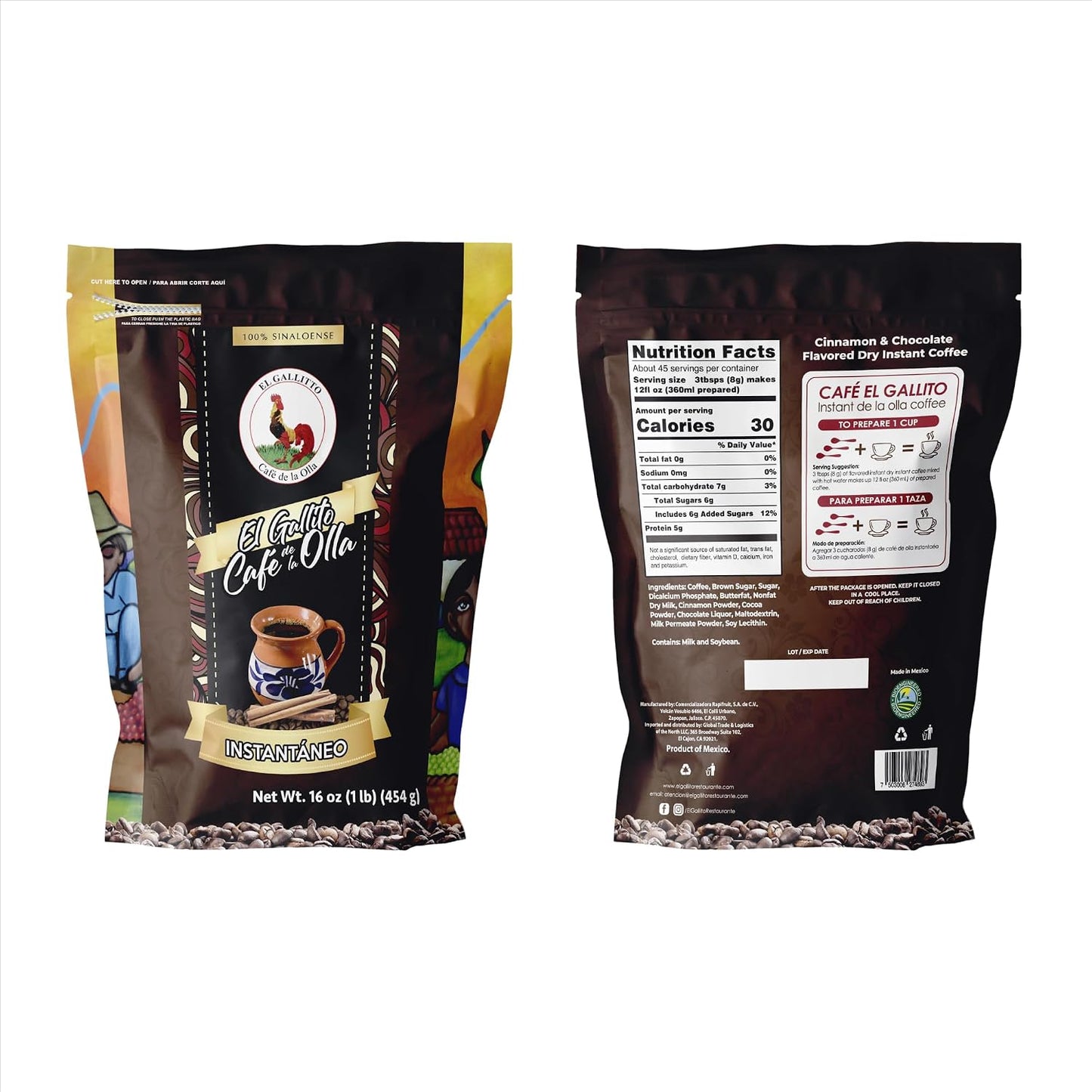 Café El Gallito Café de Olla Instantáneo con Canela y Chocolate 16 oz | Authentic Mexican Instant Coffee